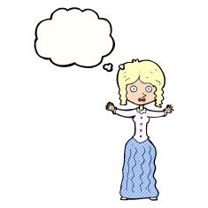 cartoon worried victorian woman with thought bubble N9