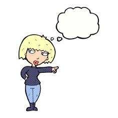 cartoon annoyed woman pointing with thought bubble N10