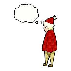 cartoon person in winter clothes with thought bubble N10