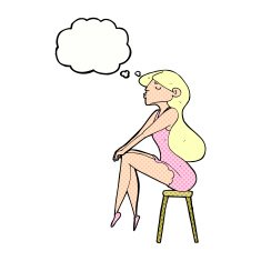 cartoon woman sitting on stool with thought bubble N19