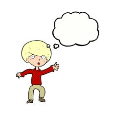 cartoon panicking boy with thought bubble N10