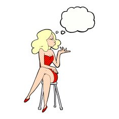 cartoon woman sitting on bar stool with thought bubble N20
