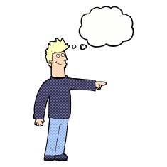 cartoon happy pointing man with thought bubble N19