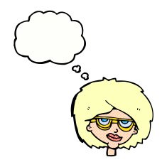 cartoon woman wearing spectacles with thought bubble N40