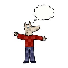 cartoon happy wolf man with thought bubble N18