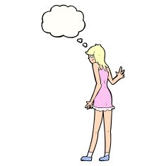 cartoon woman waving with thought bubble N337
