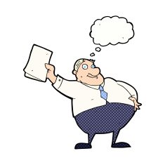 cartoon boss waving papers with thought bubble N9