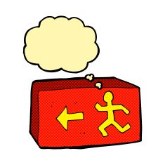 cartoon exit sign with thought bubble N2
