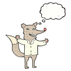 cartoon happy wolf wearing shirt with thought bubble N6