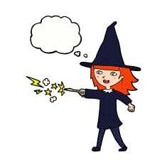 cartoon witch girl casting spell with thought bubble N19