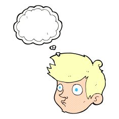 cartoon staring boy with thought bubble N25