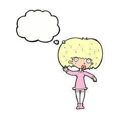 cartoon waving girl with thought bubble N10