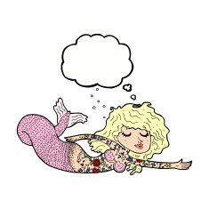 cartoon mermaid covered in tattoos with thought bubble N9