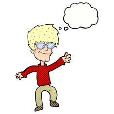 cartoon waving cool guy with thought bubble N10