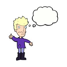 cartoon worried man giving thumbs up symbol with thought bubble N10