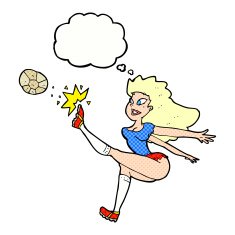 cartoon female soccer player kicking ball with thought bubble N10