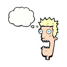 cartoon shocked man's face with thought bubble N10
