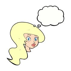 cartoon pretty female face with thought bubble N96