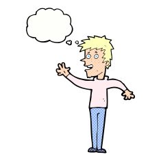 cartoon happy boy waving with thought bubble N20