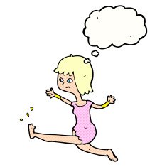 cartoon happy woman kicking with thought bubble N9