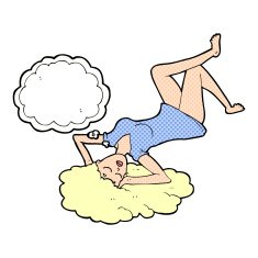 cartoon woman lying on floor with thought bubble N19
