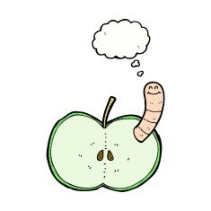 cartoon apple with worm thought bubble N43