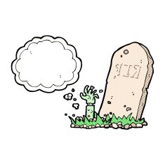 cartoon zombie rising from grave with thought bubble N7
