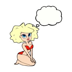 cartoon woman wearing bikini with thought bubble N8