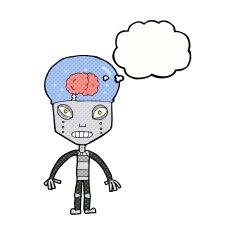 cartoonw weird robot with thought bubble N2