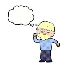 cartoon man giving peace sign with thought bubble N53