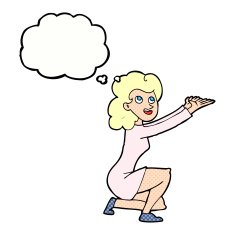 cartoon woman presentation gesture with thought bubble N10