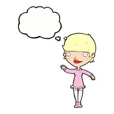 cartoon waving woman with thought bubble N143