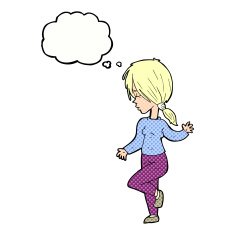 cartoon girl dancing with thought bubble N10