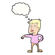 cartoon man making camp gesture with thought bubble N29