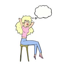 cartoon woman posing on stool with thought bubble N9