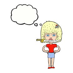 cartoon woman with knife between teeth thought bubble N37