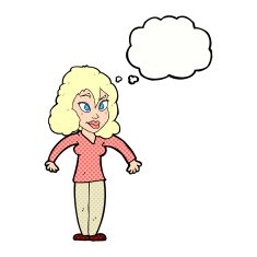 cartoon woman shrugging shoulders with thought bubble N488