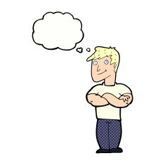 cartoon muscular man with thought bubble N10