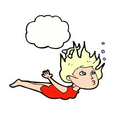 cartoon woman swimming underwater with thought bubble N10