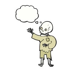 cartoon skeleton waving with thought bubble N10