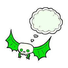 cartoon spooky skull bat with thought bubble N6