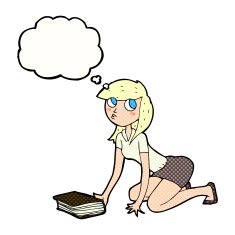 cartoon girl picking up book with thought bubble N9
