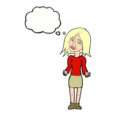 cartoon woman shrugging shoulders with thought bubble N490