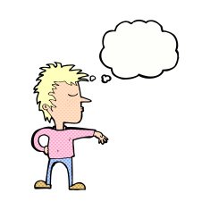 cartoon man making camp gesture with thought bubble N30