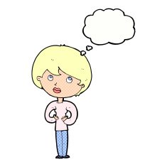 cartoon woman making Who Me? gesture with thought bubble N46