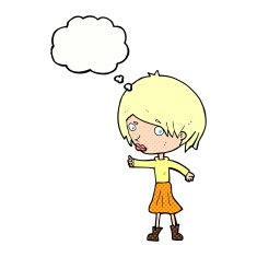 cartoon woman raising eyebrow with thought bubble N20