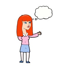 cartoon woman gesturing to show something with thought bubble N20