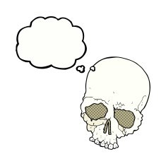 cartoon spooky old skull with thought bubble N5