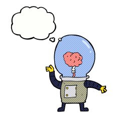 cartoon robot cyborg with thought bubble N8