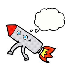 cartoon happy rocket with thought bubble N10